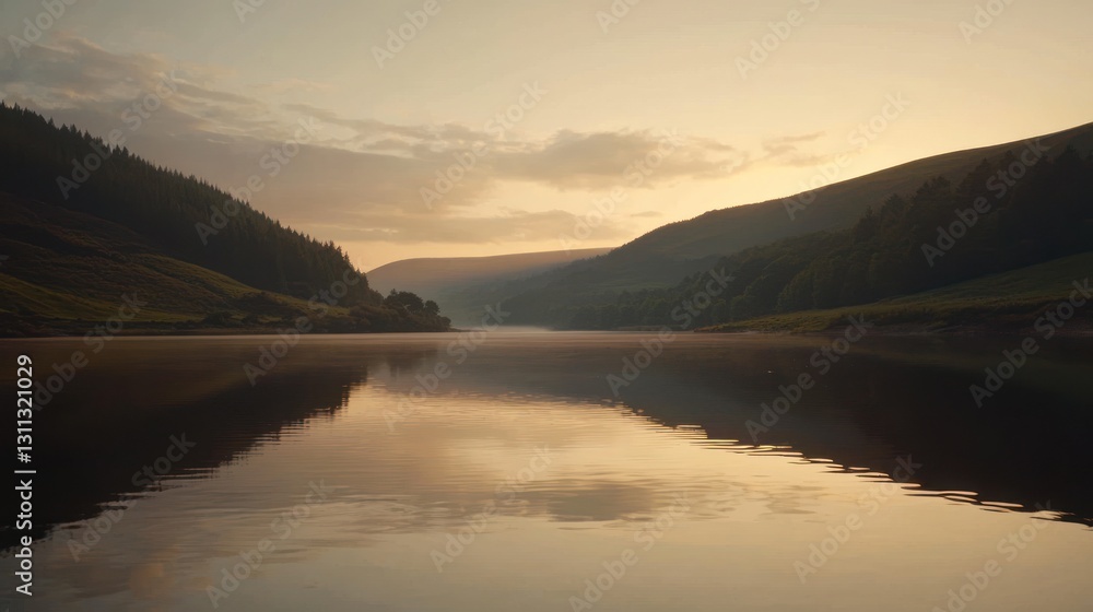 Serene sunrise over calm lake reflecting hills and sky. Serene sunrise over calm lake reflecting hills and sky.