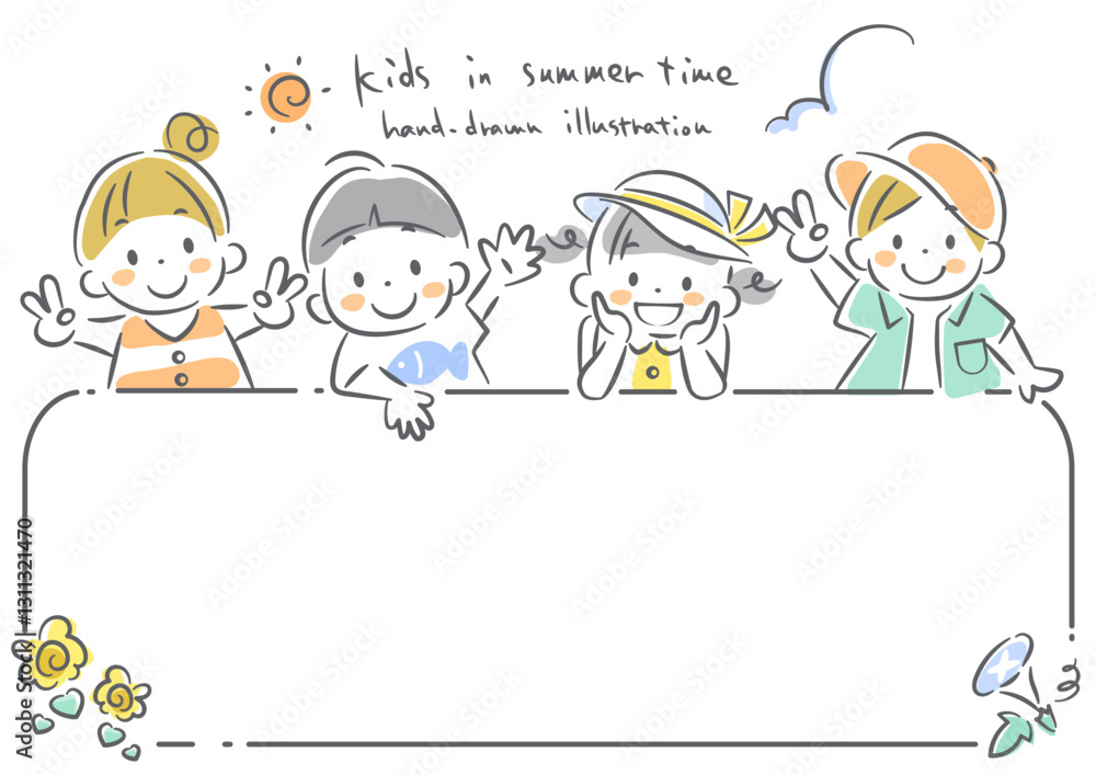 夏を楽しむこども達 手描き風のかわいい線画イラスト 夏を楽しむこども達 手描き風のかわいい線画イラスト