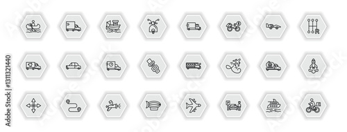 outline icons set - transport concept. vector icons included boating, fishing boat, free transport, midget car and more.