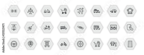 outline icons set - transport concept. vector icons included car lights, go kart, air transport, flights and more.