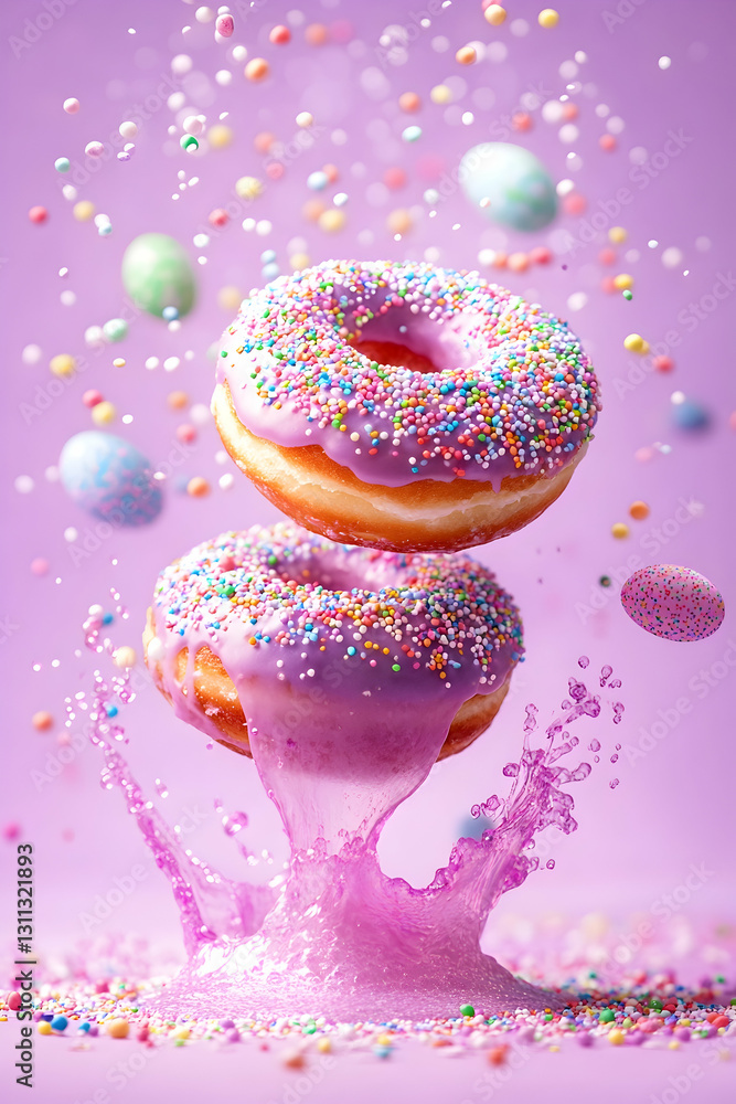 Stacked donuts fall into liquid with pastel sprinkles and egg shapes Stacked donuts fall into liquid with pastel sprinkles and egg shapes