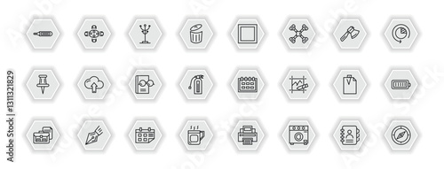outline icons set - tools and utensils concept. vector icons included body thermometer, clothes rack, basic square, up arrow and cloud and more.