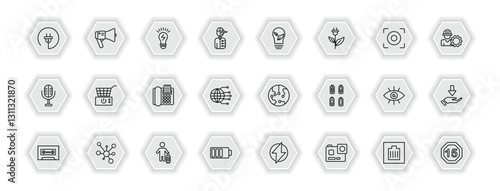 outline icons set - technology concept. vector icons included electrical plug, electric light bulb, ecologic bulb, fryer and more.