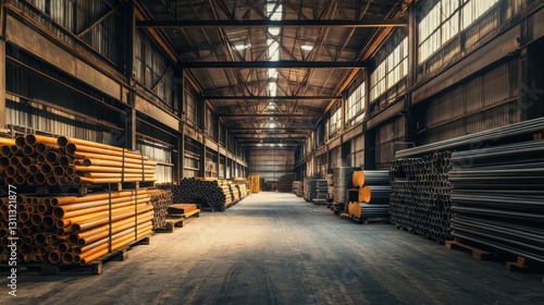 Wallpaper Mural Large industrial warehouse with stacked metal pipes. Illustrates industrial storage, manufacturing, or logistics. Torontodigital.ca