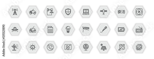 outline icons set - technology concept. vector icons included media, 3d printers, laptop with a heart, big joystick and more.