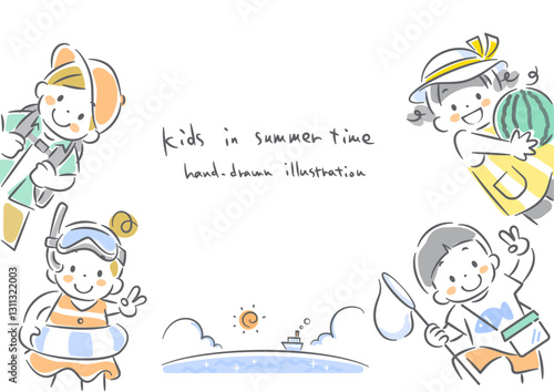 夏を楽しむこども達　手描き風のかわいい線画イラスト