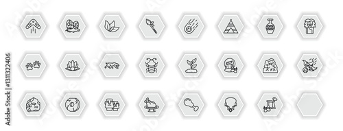 outline icons set - stone age concept. vector icons included boomerang, leaf, meteorite, shellfish and more.