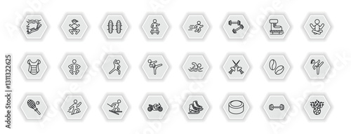 outline icons set - sports concept. vector icons included snow slide zone, shin guards, man sprinting, squat and more.