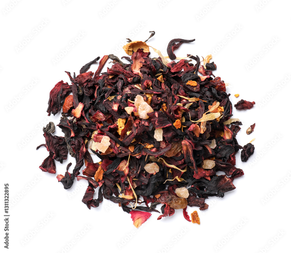 Obraz premium Pile of dried tea leaves isolated on white, top view