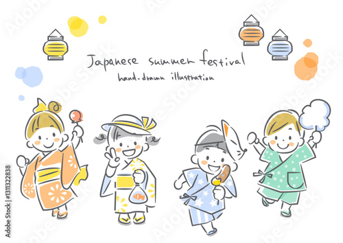 日本の夏祭りを楽しむこども達　手描き風のかわいい線画イラスト