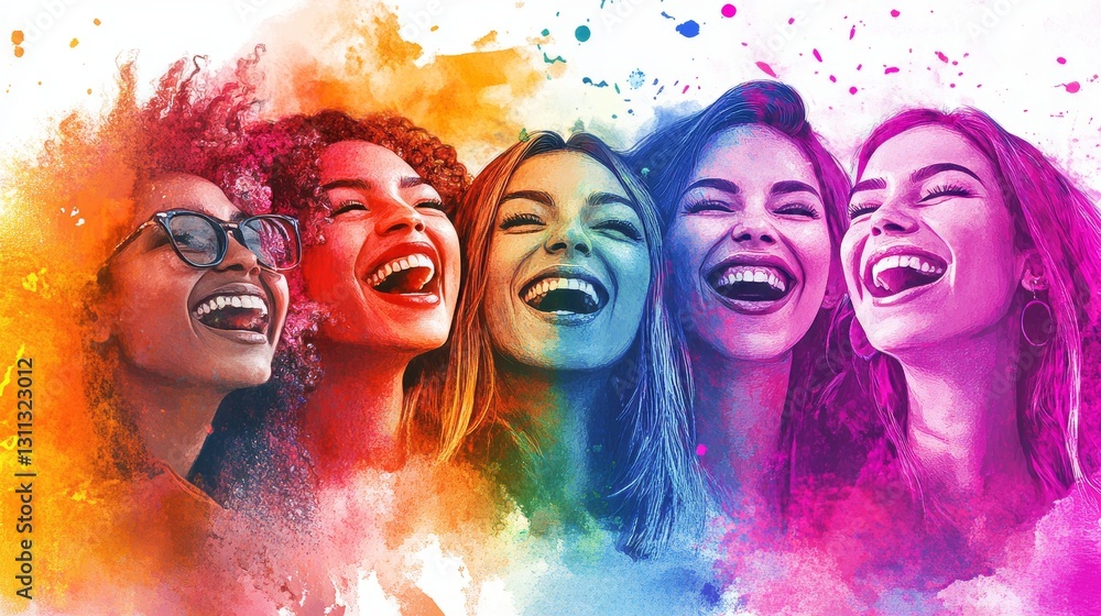 Obraz premium A vibrant scene of women from various cultural backgrounds, all smiling brightly