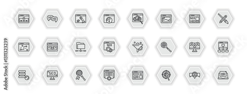 outline icons set - search engine optimization concept. vector icons included domain registration, pay per click, monitoring, link and more.