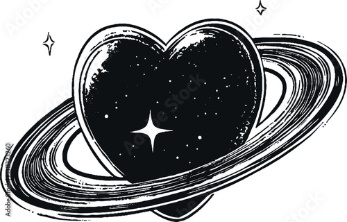 Black celestial heart with planetary rings hand-drawn in vintage style, cosmic romance illustration, love and universe-inspired surreal ink artwork, dreamy decorative space print