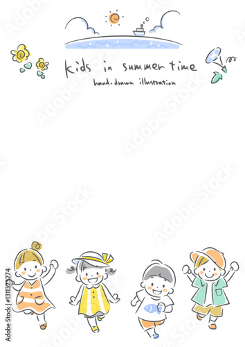 夏を楽しむこども達　手描き風のかわいい線画イラスト