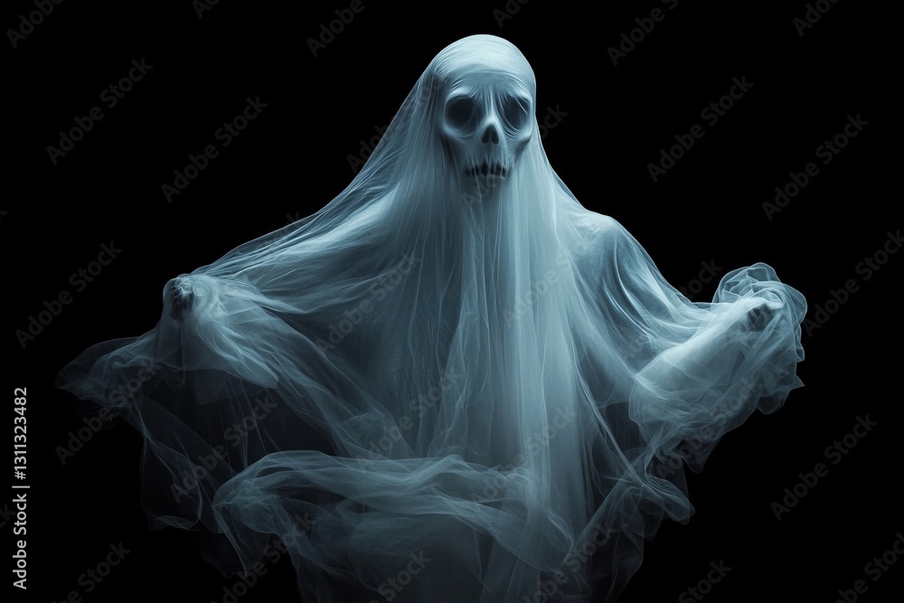 Ethereal Spirit in Ghostly Veil with Spooky Skull Expression Ethereal Spirit in Ghostly Veil with Spooky Skull Expression
