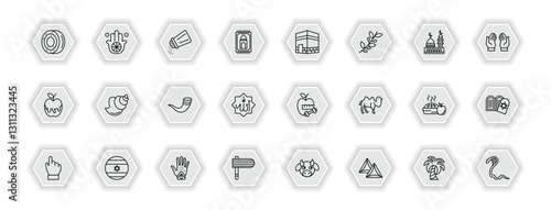 outline icons set - religion concept. vector icons included gefilte fish, religious salt, kaaba mecca, conch shell and more.