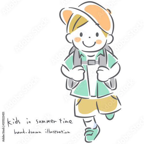 夏を楽しむこども達　手描き風のかわいい線画イラスト