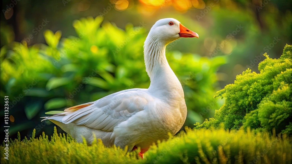Majestic White Goose by Green Bush - Stunning Portrait Photography Majestic White Goose by Green Bush - Stunning Portrait Photography