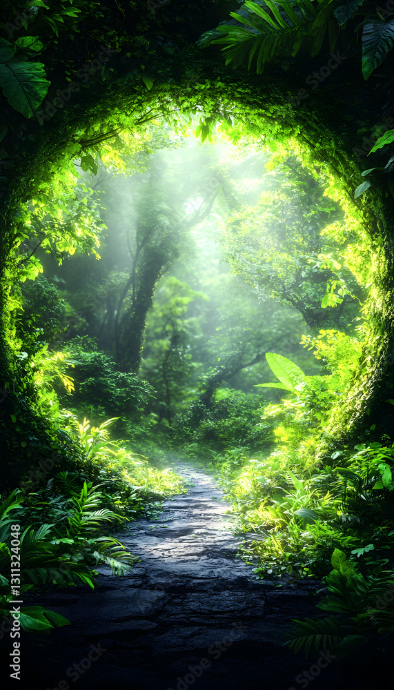 Fototapeta premium Stone pathway leading through green jungle portal towards bright light in forest