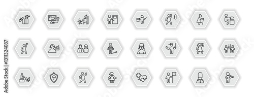 outline icons set - people concept. vector icons included open present box, hide and seek, magician boy, movie director and more.