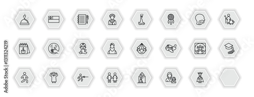 outline icons set - people concept. vector icons included serve, pencil and notebook, spanish woman, kidnapping and more.
