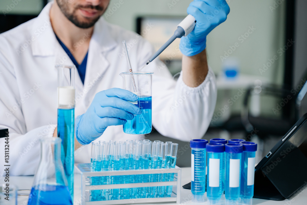 male scientist working with micro pipettes analyzing biochemical samples, advanced science male scientist working with micro pipettes analyzing biochemical samples, advanced science