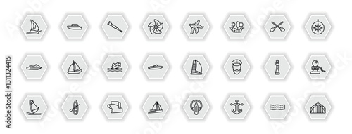 outline icons set - nautical concept. vector icons included felucca, spyglass, starfish with dots, windsail and more.