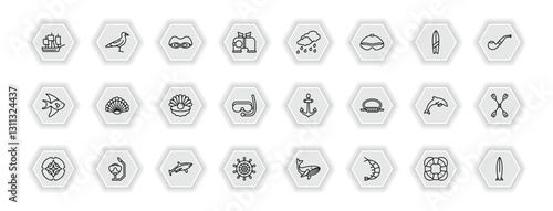 outline icons set - nautical concept. vector icons included classic ship, swin goggle, rainy cloud, big shell and more.