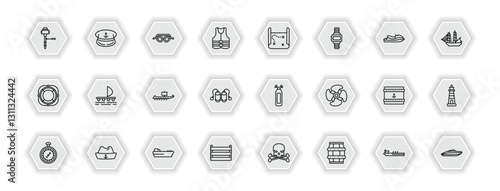 outline icons set - nautical concept. vector icons included boat engine, knot, treasure map, wood raft and more.