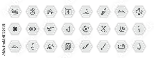 outline icons set - nautical concept. vector icons included captain hat, pirate ship, sea flag, rubber raft and more.