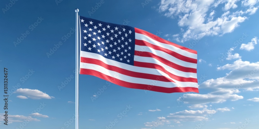 American flag waving under a clear blue sky with white clouds American flag waving under a clear blue sky with white clouds
