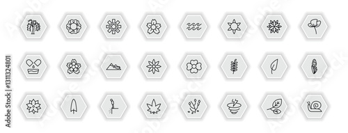 outline icons set - nature concept. vector icons included willow, wedelia, waves, knapweed and more.
