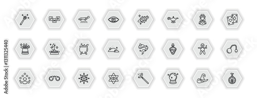 outline icons set - magic concept. vector icons included magic, levitation, spell, pigeon and more.
