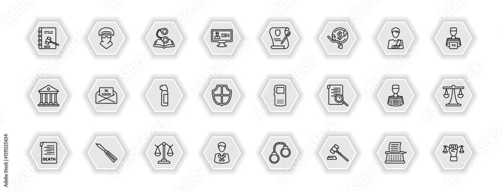 outline icons set - law and justice concept. vector icons included constitutional law, criminal law, wills and trusts, crime letter and more. outline icons set - law and justice concept. vector icons included constitutional law, criminal law, wills and trusts, crime letter and more.