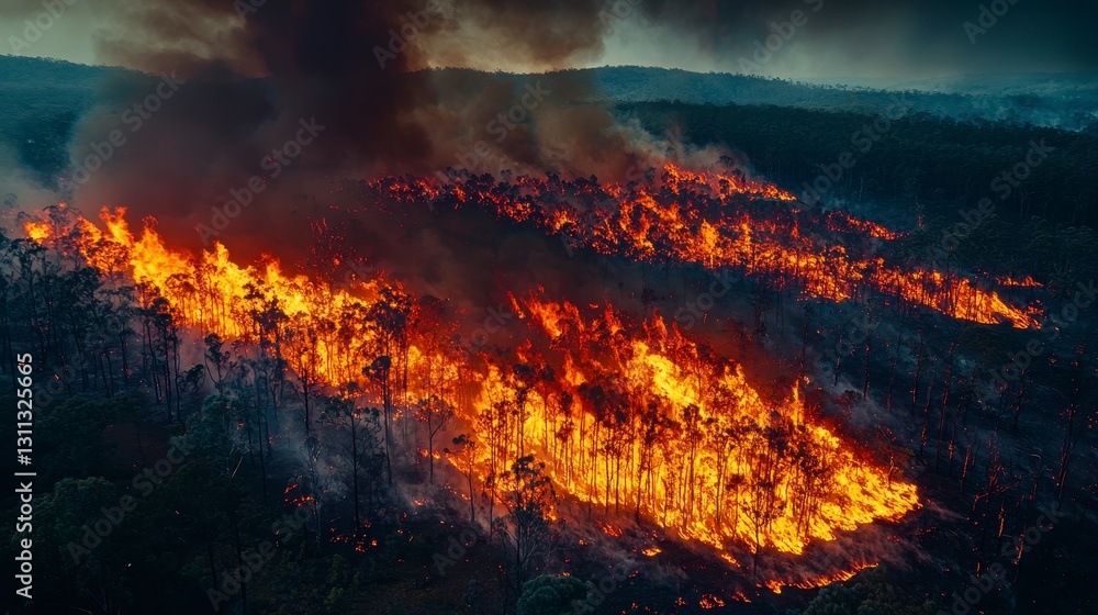 Devastating Wildfire Spreading Across Forest Landscape with Thick Smoke and Orange Flames Devastating Wildfire Spreading Across Forest Landscape with Thick Smoke and Orange Flames