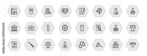 outline icons set - law and justice concept. vector icons included constitutional law, criminal law, wills and trusts, crime letter and more.