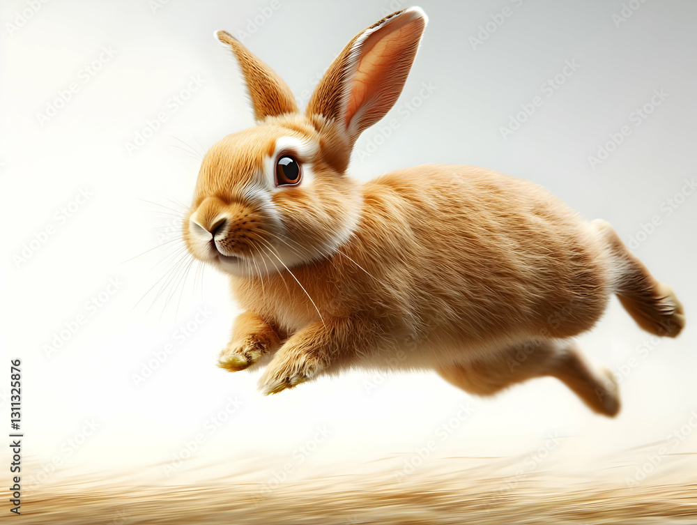 Fototapeta premium A playful rabbit leaps through the air, showcasing its agility and vibrant fur in a warm, soft light. Perfect for capturing joy in nature.