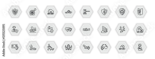 outline icons set - insurance concept. vector icons included repair, flooded house, legal expenses, overturned vehicle and more.