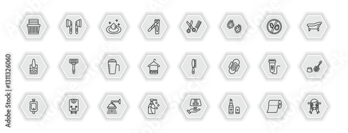 outline icons set - hygiene concept. vector icons included laundry basket, purity, grooming, shaving razor and more.