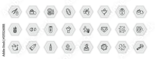 outline icons set - hygiene concept. vector icons included nail scissors, cosmetics, dust cleaning, lens and more.