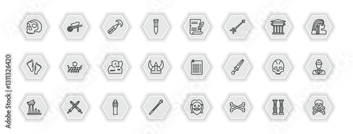outline icons set - history concept. vector icons included skull, ancient weapon, poster, viking ship and more.