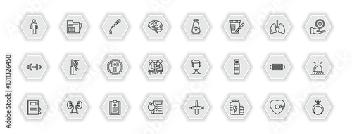 outline icons set - health and medical concept. vector icons included body, pipette, medical substance, saline and more.