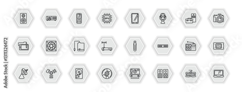 outline icons set - hardware concept. vector icons included loudspeakers, keypad phone, big tablet, computer fan and more.
