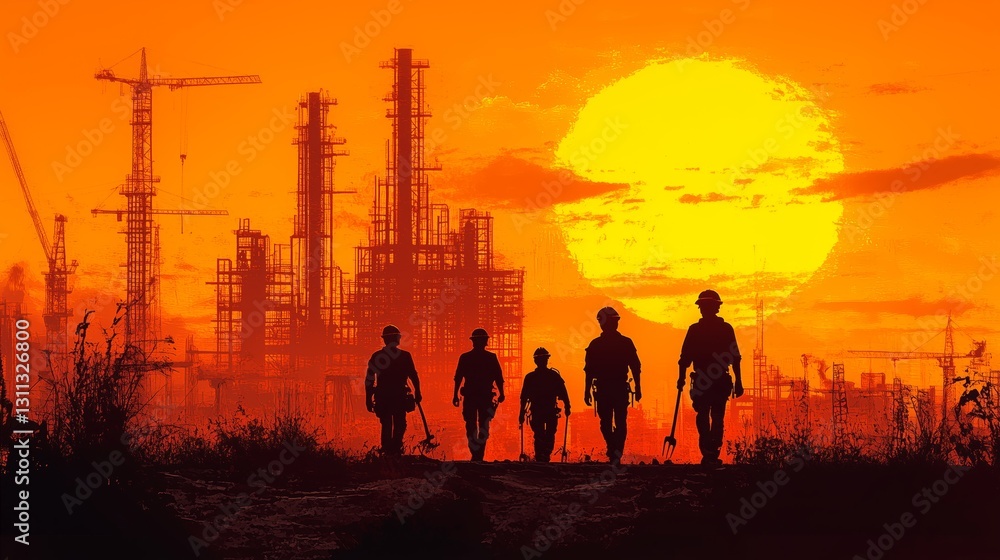 Fototapeta premium Workers at Sunset Amidst Rising Infrastructure