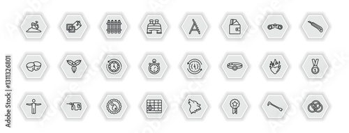 outline icons set - general concept. vector icons included sand, wooden fence, stepladder, mistletoe leaves and more.