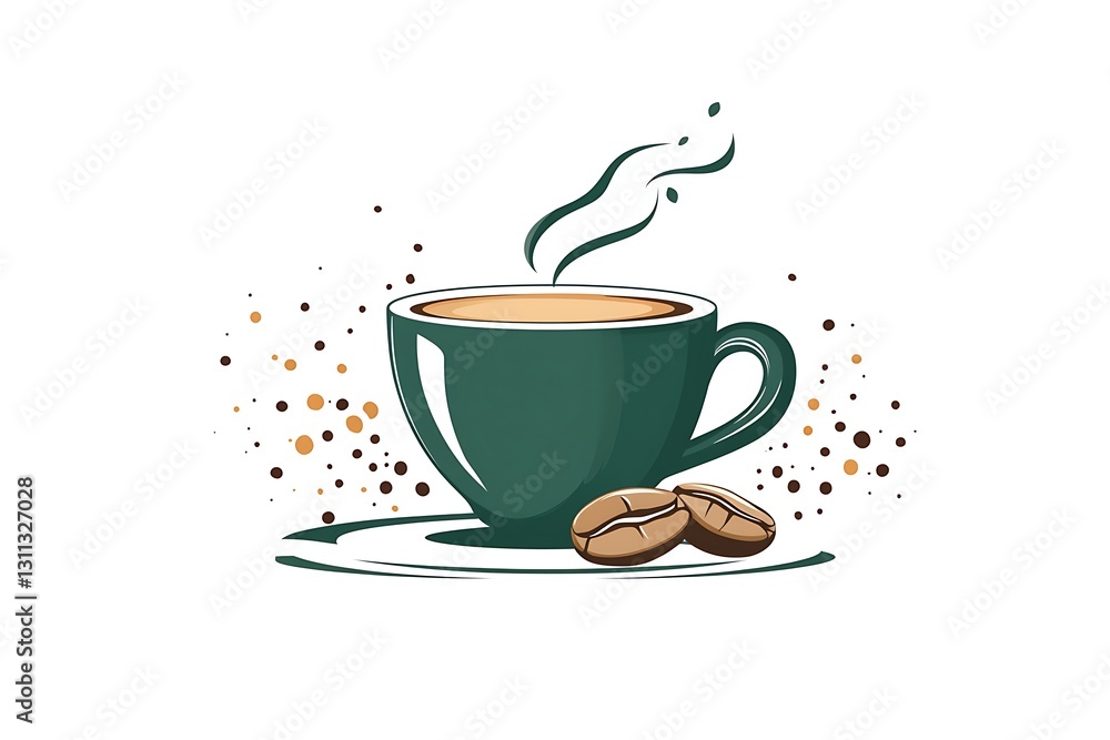 Fototapeta premium Aromatic Coffee Cup Illustration Steaming Mug with Beans on Saucer