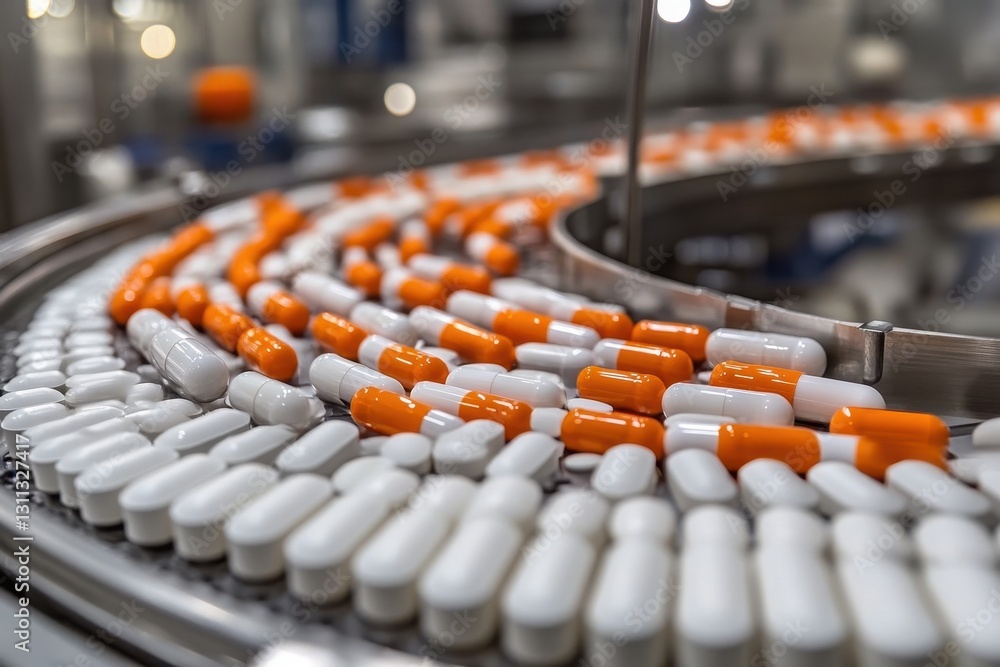 Fototapeta premium Capsules and tablets on conveyor belt. Image depicts pharmaceutical manufacturing.