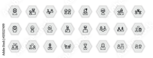 outline icons set - family relations concept. vector icons included sister, parent's sibling, cousin, niece and more.