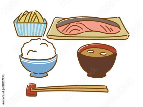 和食の鮭の切り身焼き魚定食イメージイラスト(カラー)