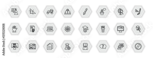 outline icons set - e learning and education concept. vector icons included online coaching, game-based learning, fountain pen, qualification and more.